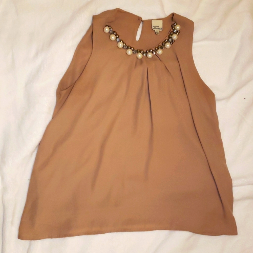 Cover Stitched Beige Blouse with Pearl & Rhineston